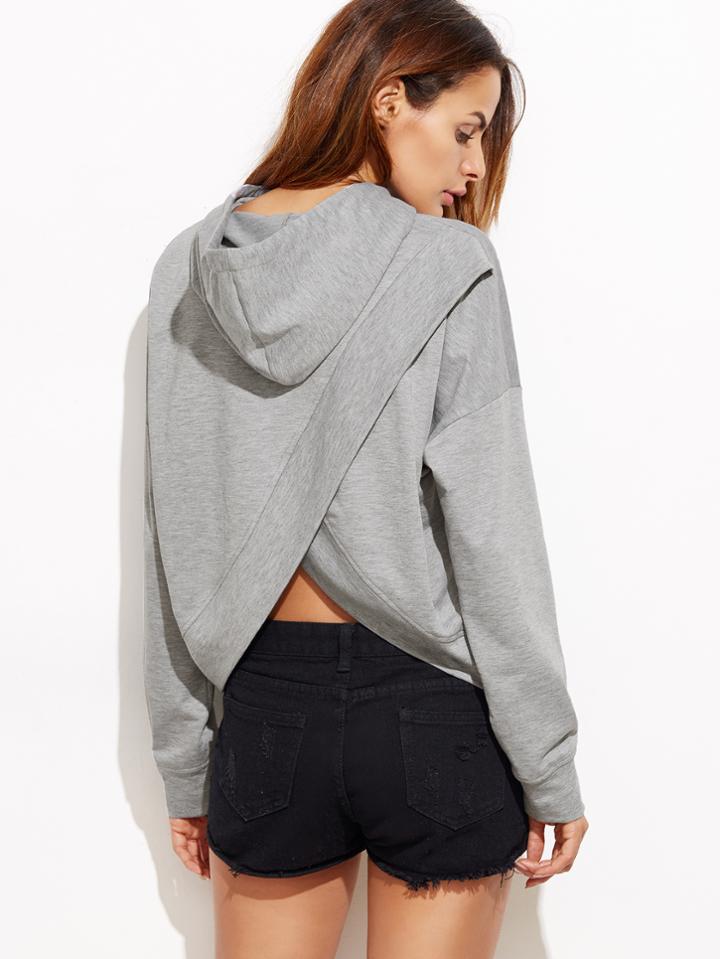 Romwe Heather Grey Drop Shoulder Split Back Hoodie