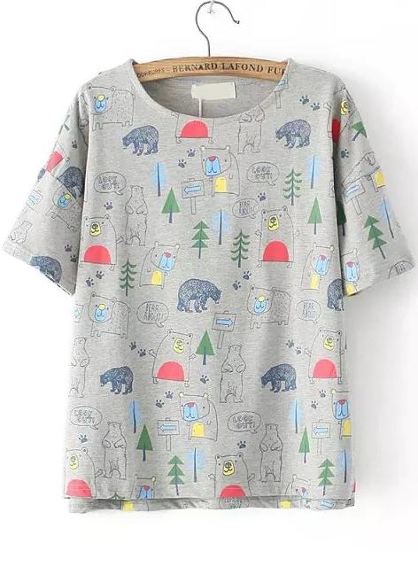 Romwe Forest Print Grey T-shirt