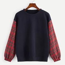 Romwe Plus Contrast Plaid Sleeve Drop Shoulder Tee