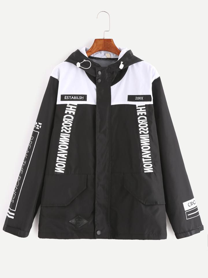 Romwe Black White Contrast Letter Print Embroidery Patch Hooded Coat