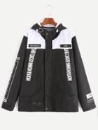 Romwe Black White Contrast Letter Print Embroidery Patch Hooded Coat
