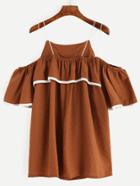 Romwe Brown Contrast Binding Strappy Cold Shoulder Ruffle Dress