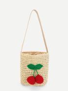 Romwe Cherry Decorated Straw Bucket Bag