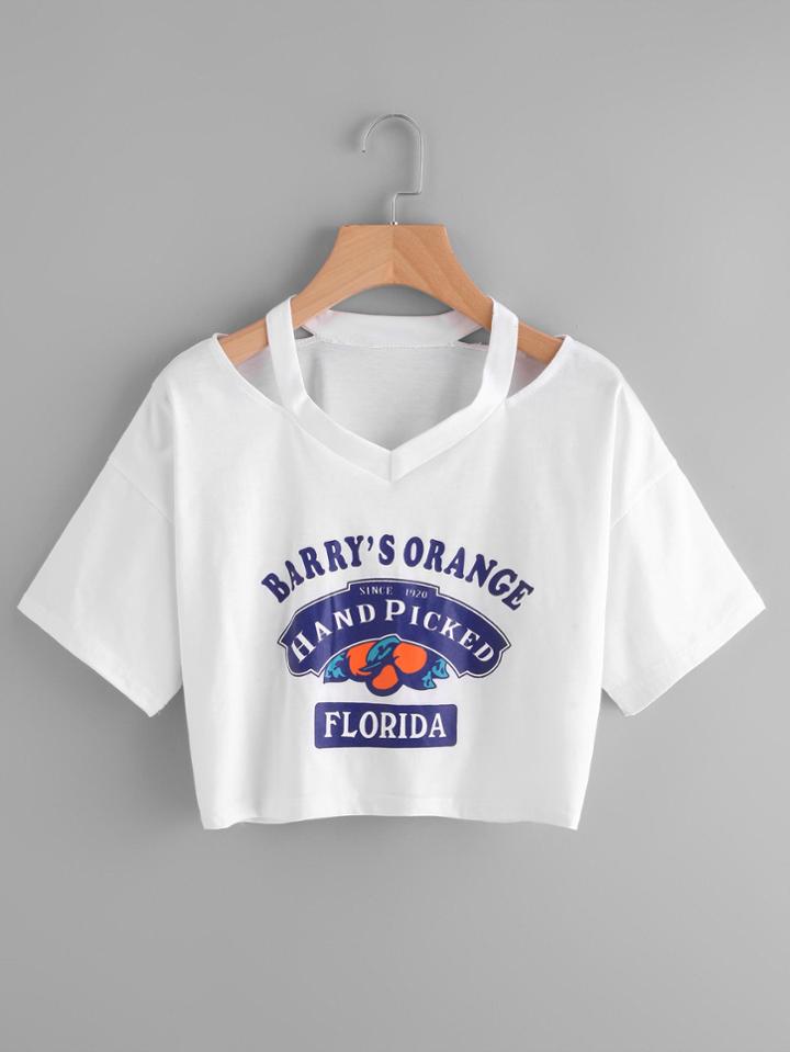 Romwe Cut Out Neck Graphic Print Tee