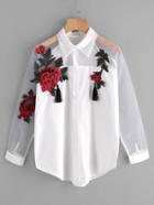 Romwe Appliques Tassel Detail Shirt With Sheer Mesh Panel