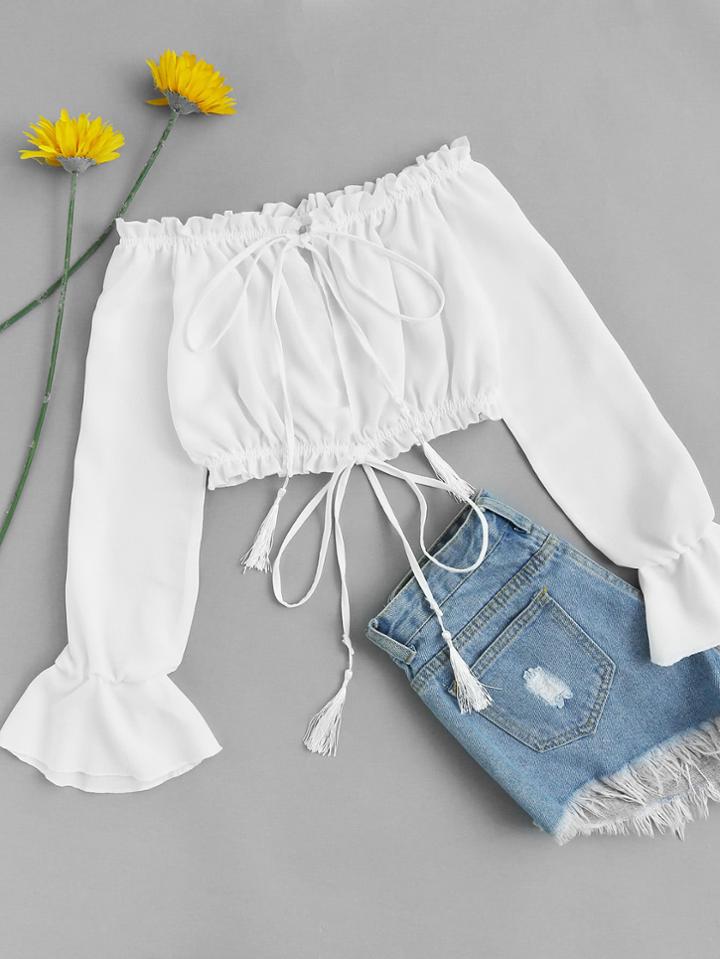 Romwe Off Shoulder Drawstring Split Front Blouse