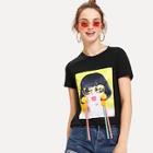 Romwe Tassel Embellished Figure Print Tee