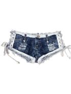 Romwe Blue Frayed Contrast Trim Lace Up Denim Shorts