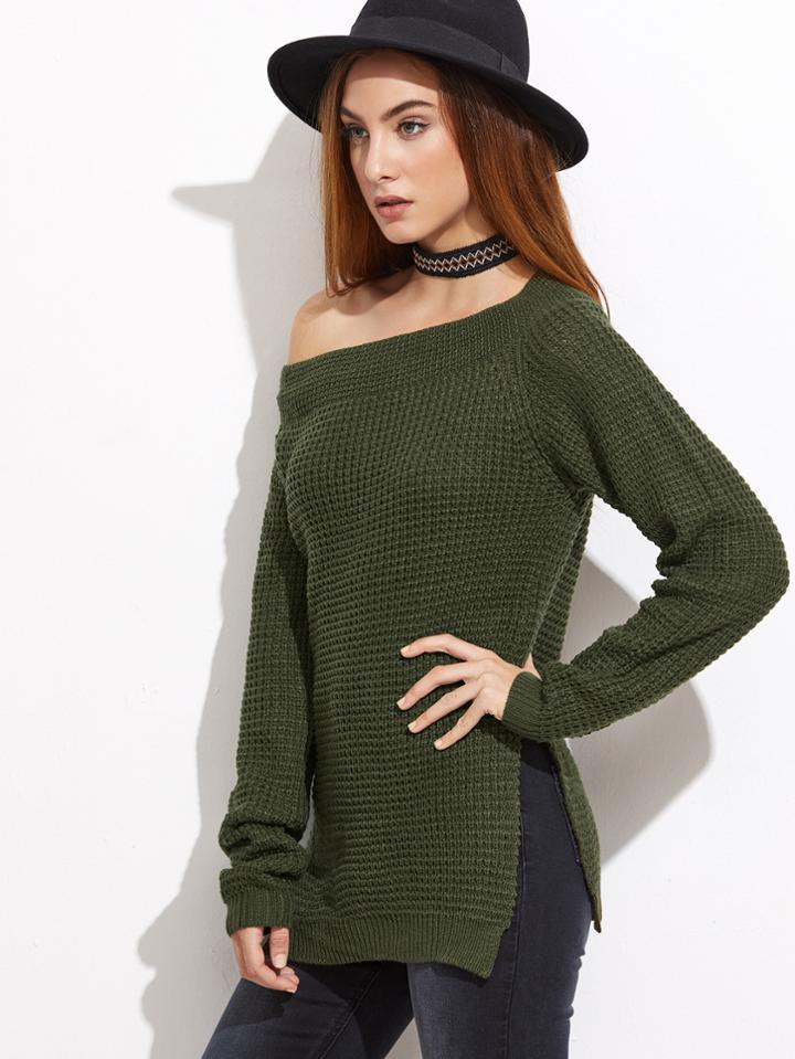 Romwe Olive Green Waffle Knit Asymmetric Off The Shoulder Sweater