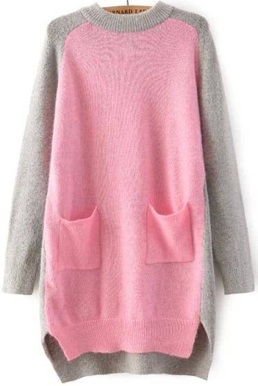 Romwe Color Block Pockets Pink Sweater