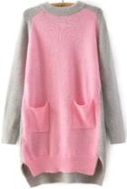 Romwe Color Block Pockets Pink Sweater