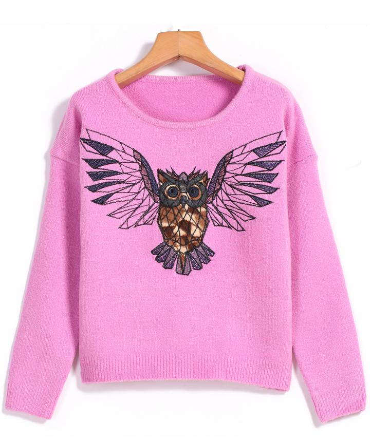 Romwe Owl Print Knit Pink Sweater