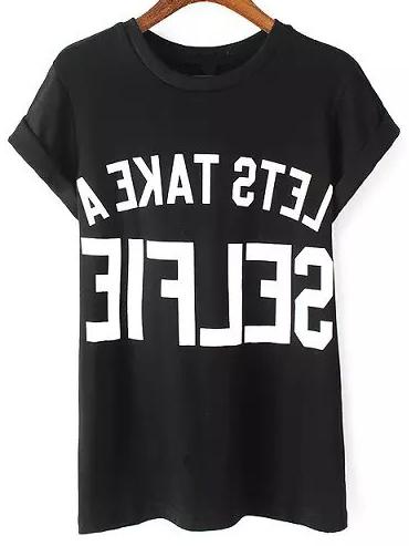 Romwe Letter Print Cuffed Black T-shirt