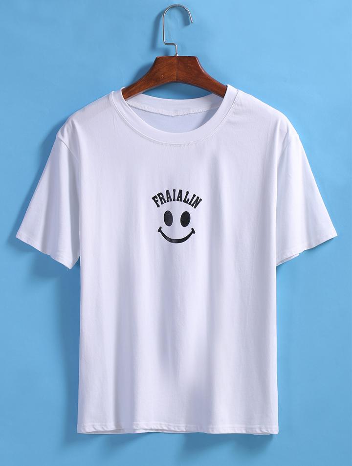 Romwe Smile Print Loose T-shirt