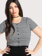 Romwe Button Front Striped Tee