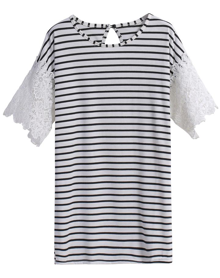 Romwe Striped Lace Sleeve Black And White T-shirt
