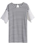 Romwe Striped Lace Sleeve Black And White T-shirt