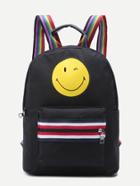 Romwe Smiling Face Zip Front Canvas Backpack With Rainbow Strap
