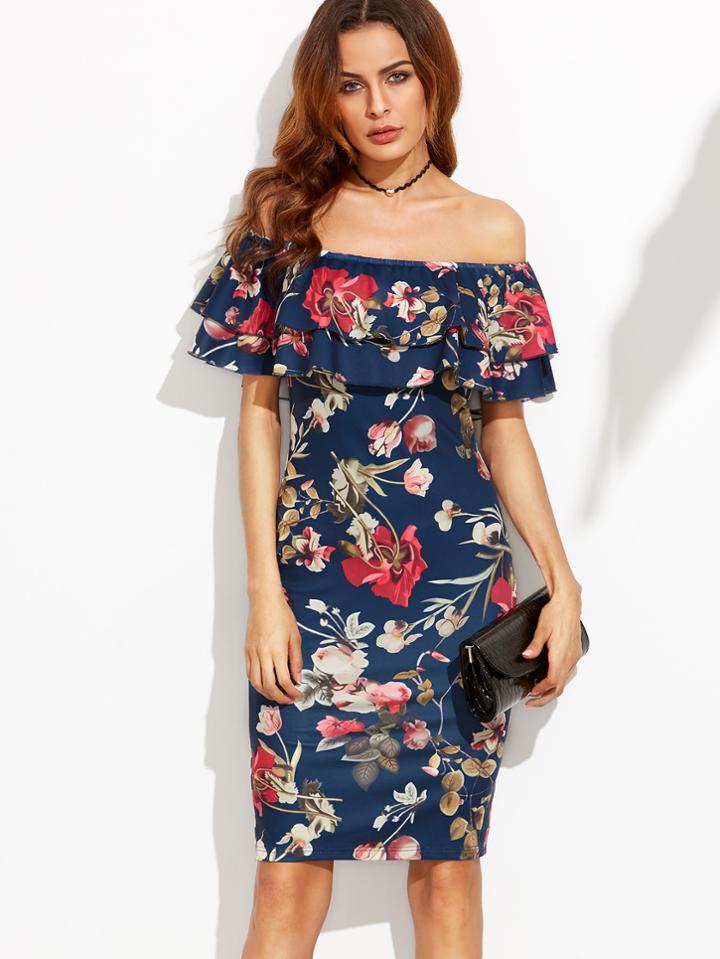 Romwe Flounce Layered Neckline Flower Print Dress