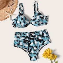 Romwe Random Tropical Underwire Top With Lace-up Bikini Set