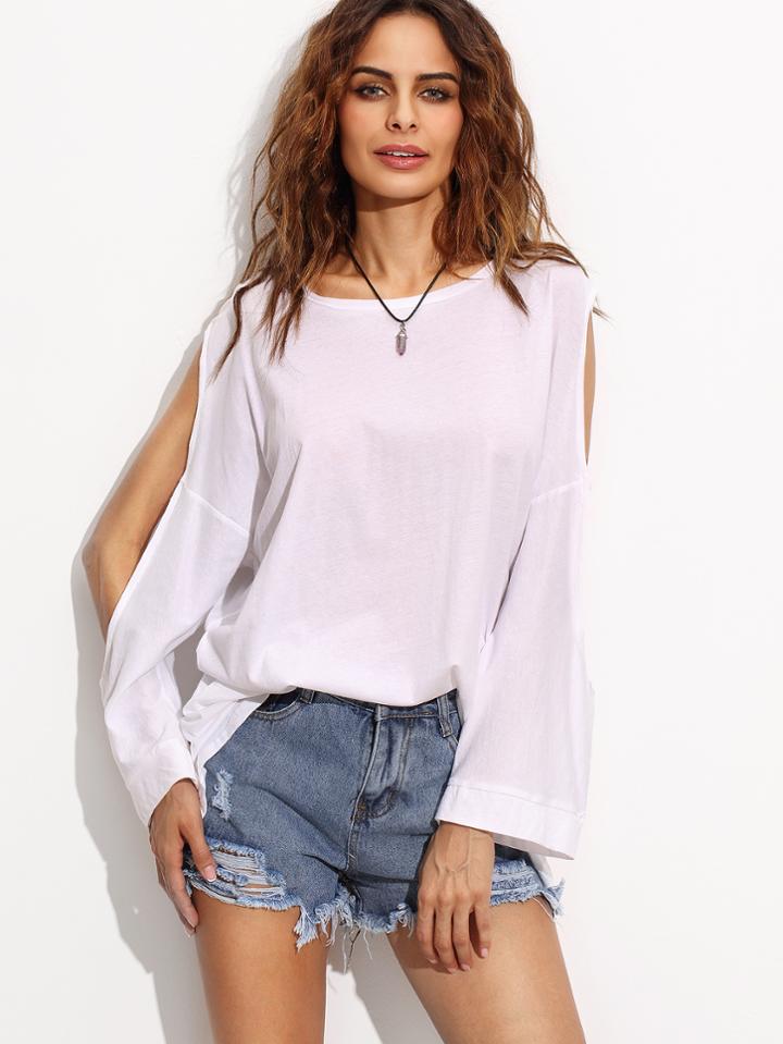 Romwe White Split Sleeve T-shirt