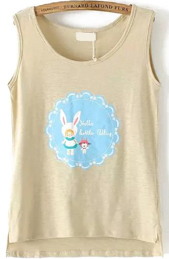 Romwe Dip Hem Rabbit Print Khaki Tank Top