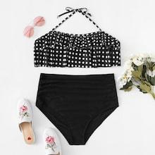 Romwe Plus Polka Dot Flounce Top With High Waist Bikini Set