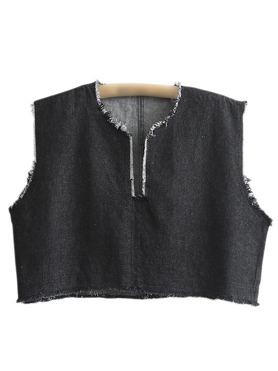 Romwe Black V Neck Fringe Denim Tank Top