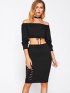 Romwe Bardot Drawstring Hem Crop Top With Ripped Skirt