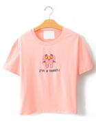 Romwe Cartoon Leopard Embroidered Crop Pink T-shirt
