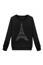 Romwe Eiffel Tower Appliqued Black Sweatshirt