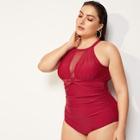 Romwe Plus Contrast Mesh Ruched Cut-out One Piece Swimsuit