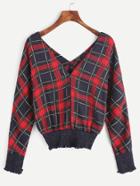 Romwe Tartan Plaid Double V Neck Shirred Blouse