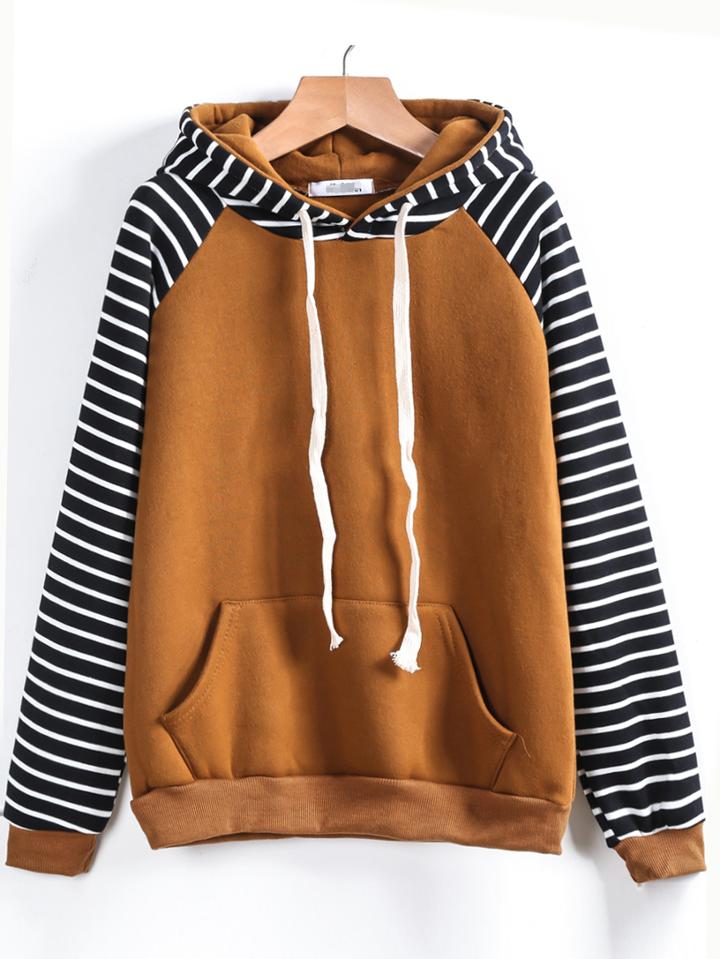 Romwe Contrast Raglan Sleeve Hooded Striped Sweatshirt