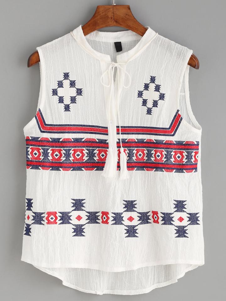 Romwe White Half Placket Tie Neck Embroidered Blouse