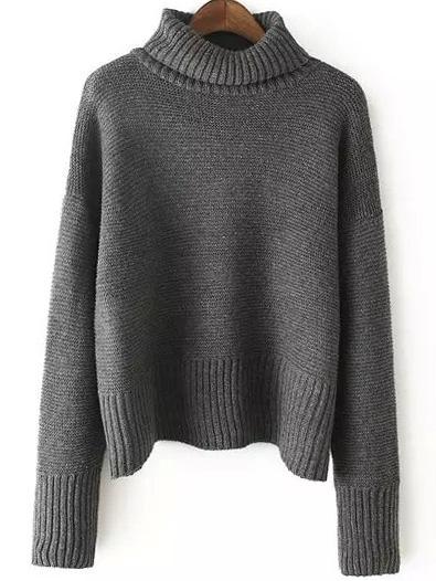 Romwe Turtleneck Dropped Shoulder Seam Dark Grey Jumper