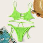 Romwe Neon Lime Smocked Star Top With Tie Side Bikini