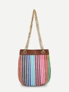 Romwe Striped Woven Bucket Chain Bag