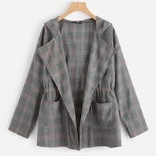 Romwe Drawstring Waist Hooded Plaid Coat