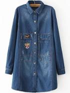 Romwe Lapel With Pockets Patch Denim Blue Coat