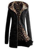 Romwe Black Hooded Leopard Buttons Slim Sweatshirt