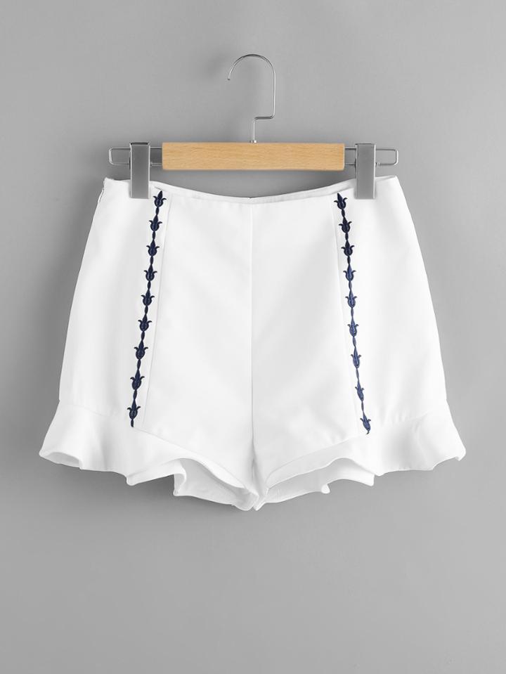 Romwe Ruffle Hem Embroidered Paneled Shorts