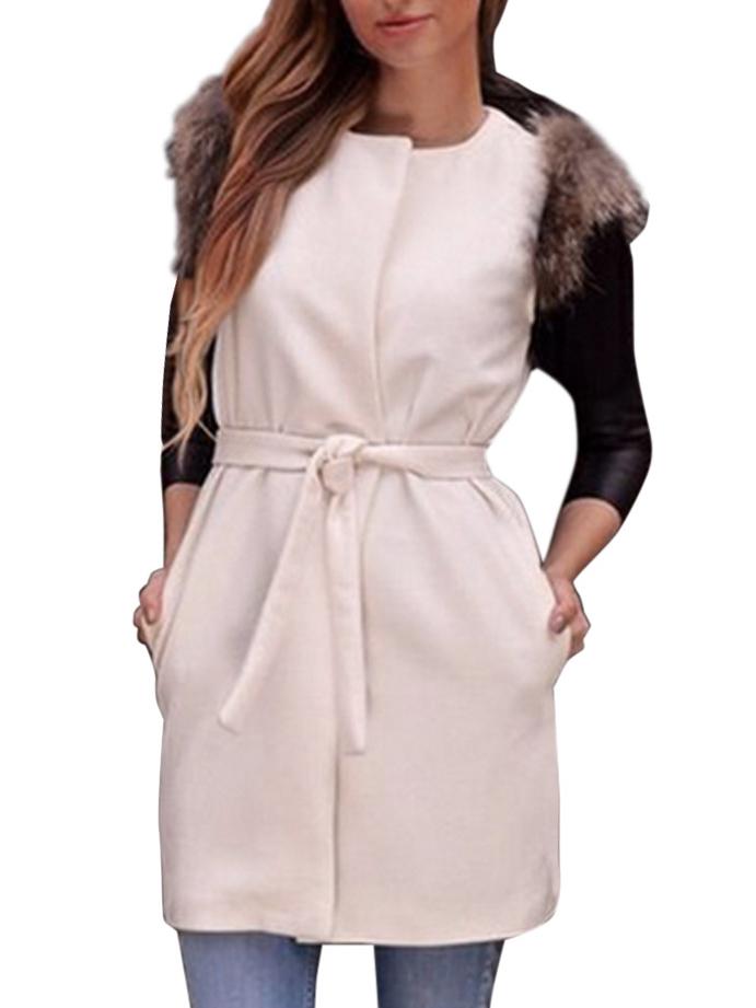 Romwe Round Neck Belt Pockets White Vest