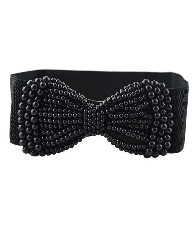 Romwe Black Pu Leather Imitation Pearl Bow Shape Wide Fashion Waist Belt