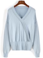 Romwe V Neck Jersey Pale Blue Sweater