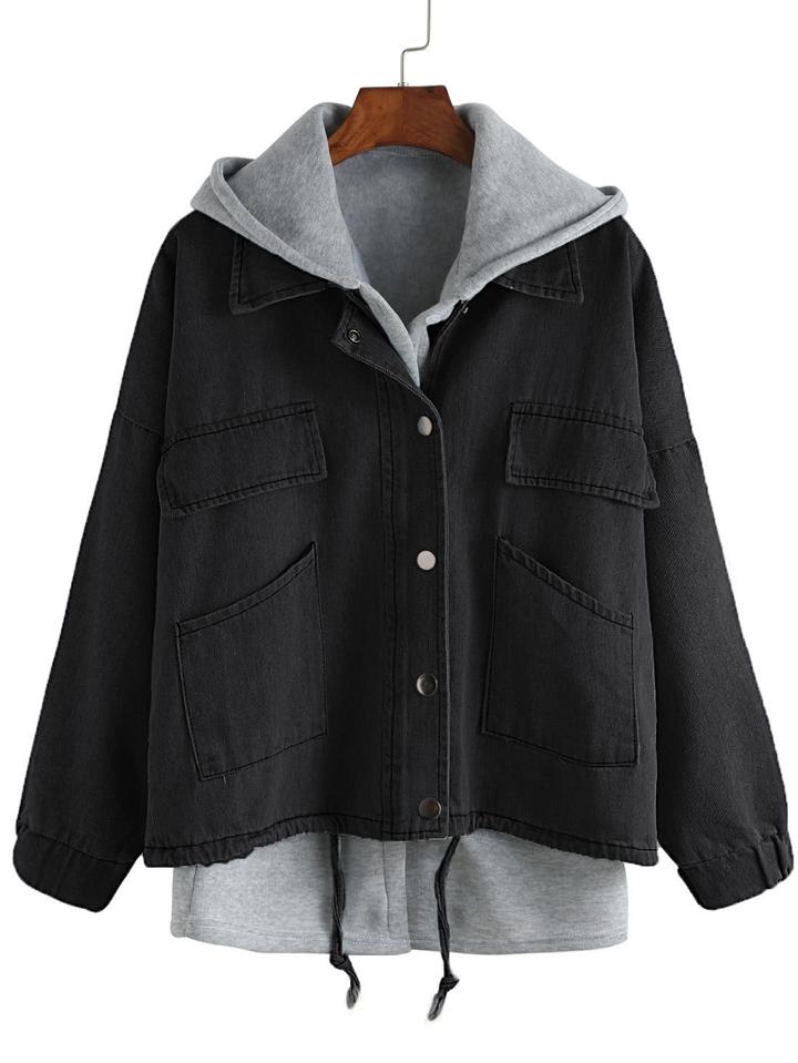 Romwe Hooded Drawstring Denim Two Pieces Outerwear