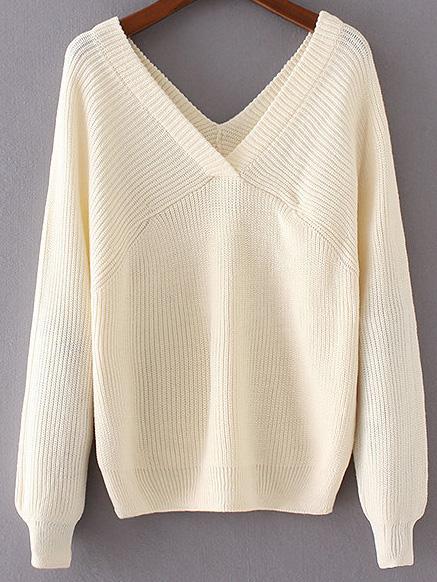 Romwe Beige Double V Neck Loose Sweater