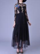 Romwe Long Sleeve Sheer Lace Pleated Dress