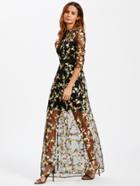 Romwe Botanical Embroidery Mesh Overlay 2 In 1 Dress