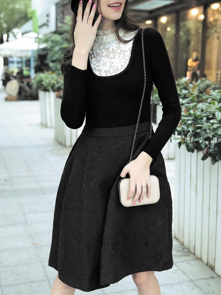 Romwe Black Collar Long Sleeve Contrast Knit Lace Dress